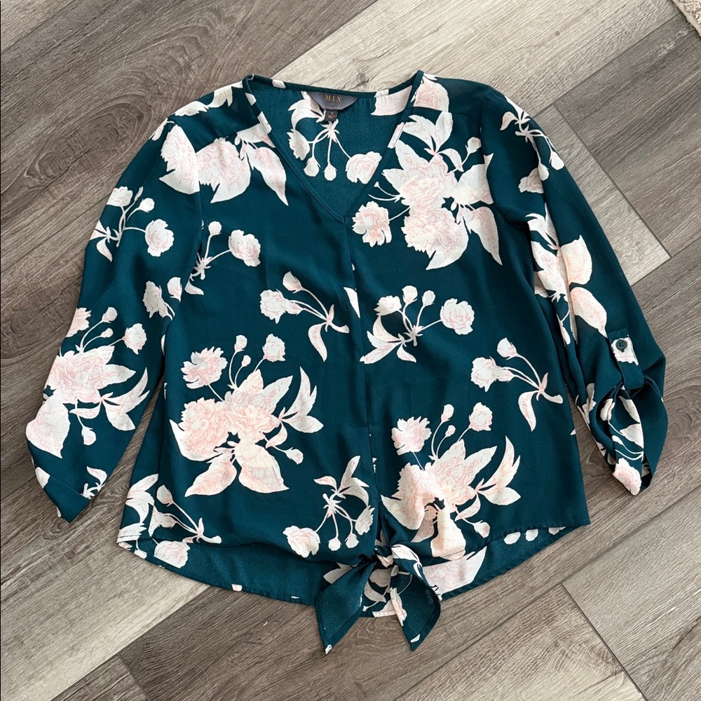 Mi Teal and Pink Floral Blouse